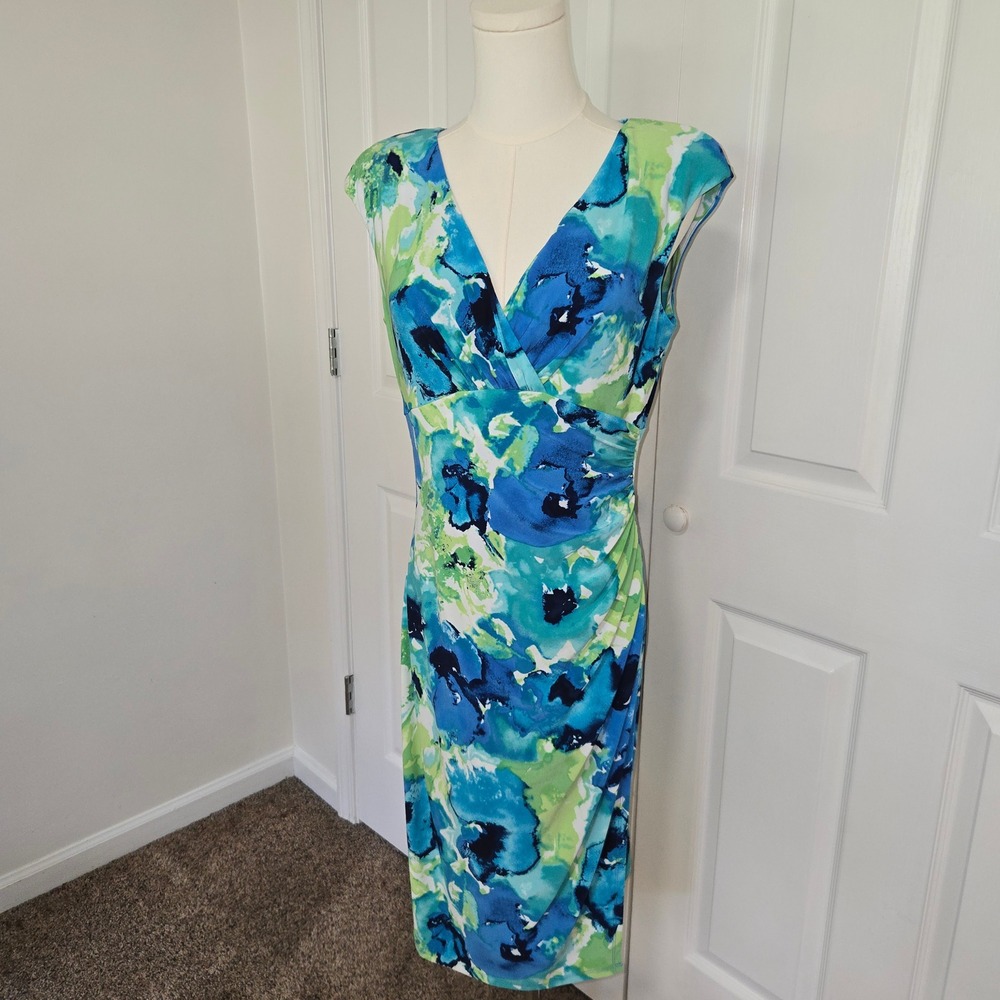 Lauren‎ Ralph Lauren Sheath Dress Womens 10 Blue Green Floral Ruched V-Neck Cap